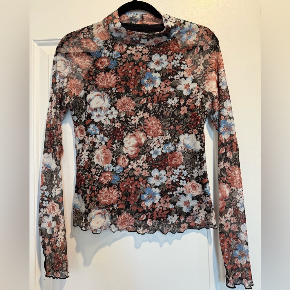 Floral Mock Neck Top with Thumb Holes - Size S